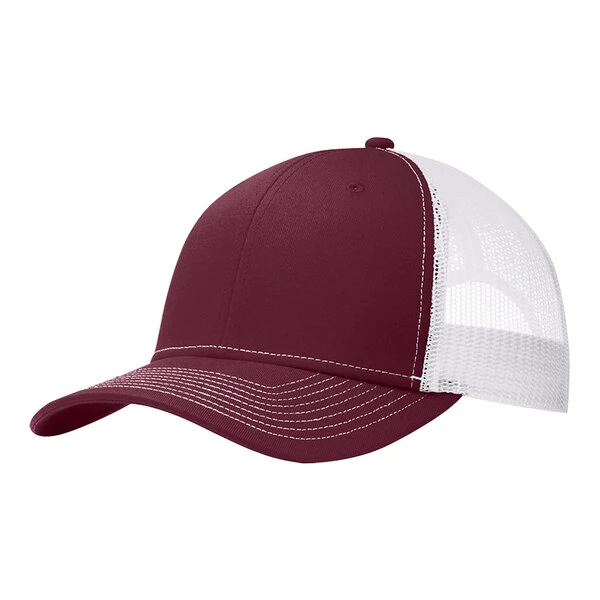 Port Authority C402 Customizable Maroon / White 6-Panel Trucker Cap With Mesh Back - Structured, Mid Profile