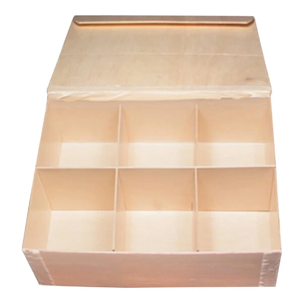 VerTerra 11" x 8" Large Collapsible Balsa Wood Vento Box with 6 Compartments and Attached Lid - 50/Case