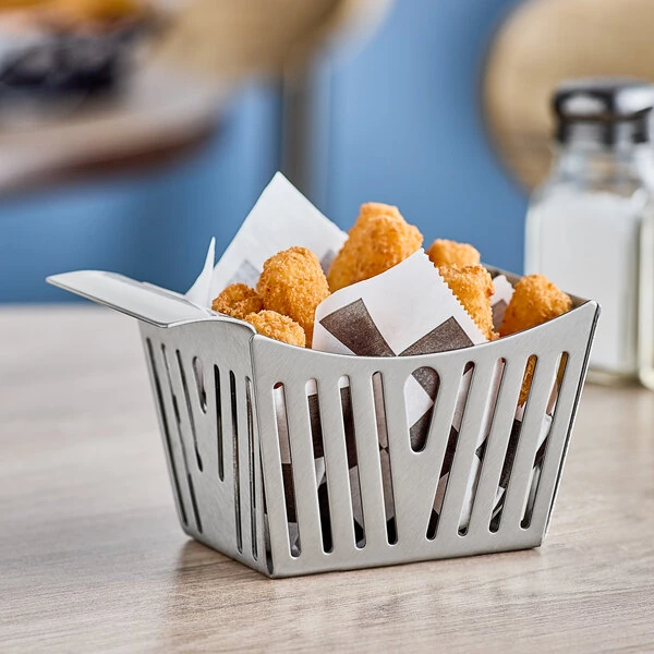 TableCraft SPB 5 3/8" x 3 3/8" x 3 1/8" Stamped Pinstriped Stainless Steel Side French Fry Basket