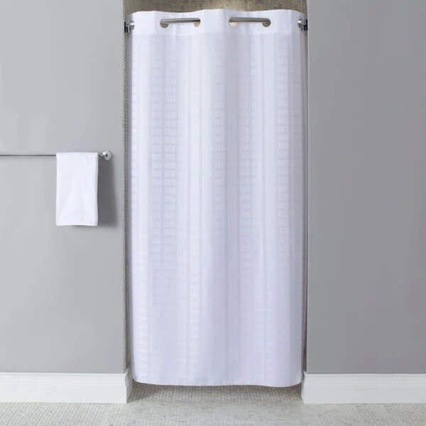 Hookless HBH43LIT01SX White Stall Size Litchfield Shower Curtain with Matching Flat Flex-On Rings and Weighted Corner Magnets - 42" x 74"