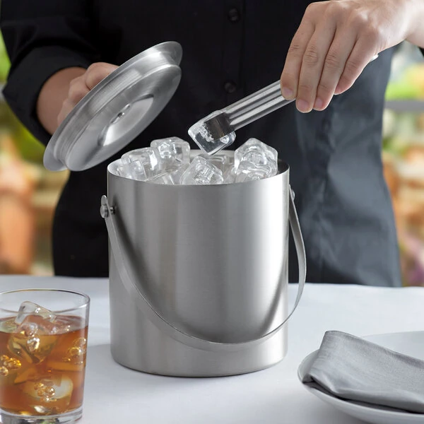 Franmara 9283 Jamboree Double Wall Brushed Stainless Steel 2 Qt. Ice Bucket with Lid and Tong