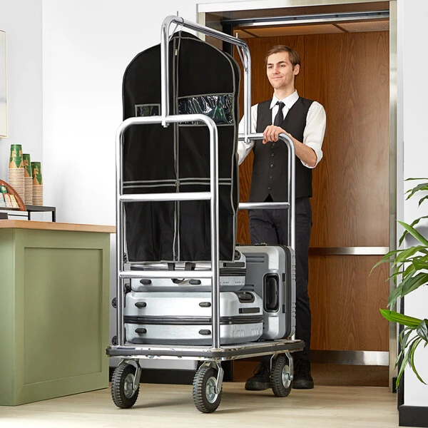 Lancaster Table & Seating 42" x 24" x 69" Stainless Steel Bellman Cart with Rectangular Gray Carpet Base and 8" Pneumatic Casters