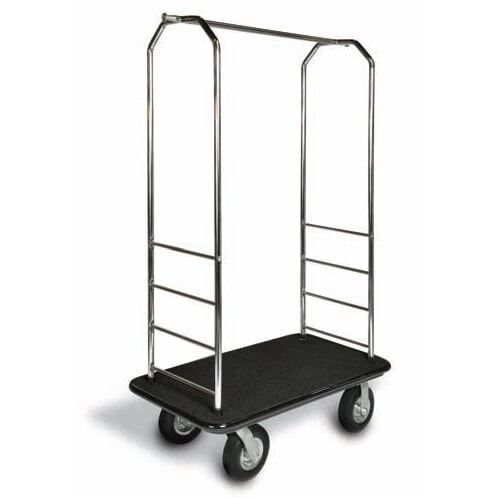 CSL 2000BK-010 Chrome Finish Customizable Bellman's Cart with Rectangular Black Carpet Base, Black Bumper, Clothing Rail, and 8" Black Pneumatic Casters - 43" x 23" x 72 1/2"