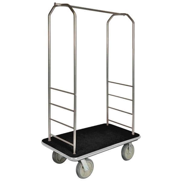 CSL 2000BK-040 Chrome Finish Customizable Bellman's Cart with Rectangular Black Carpet Base, Gray Bumper, Clothing Rail, and 5" Gray Polyurethane Casters - 43" x 23" x 72 1/2"
