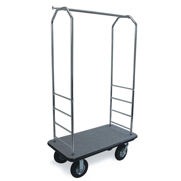 CSL 2000BK-010 Chrome Finish Customizable Bellman's Cart with Rectangular Gray Carpet Base, Black Bumper, Clothing Rail, and 8" Black Pneumatic Casters - 43" x 23" x 72 1/2"