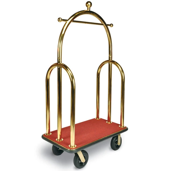 CSL 3533BK-030-RED Trident Style Titanium Gold Customizable Bellman's Cart with Red Carpet Base, Black Bumper, Clothing Rail, and 8" Black Pneumatic Casters - 45" x 25" x 77"