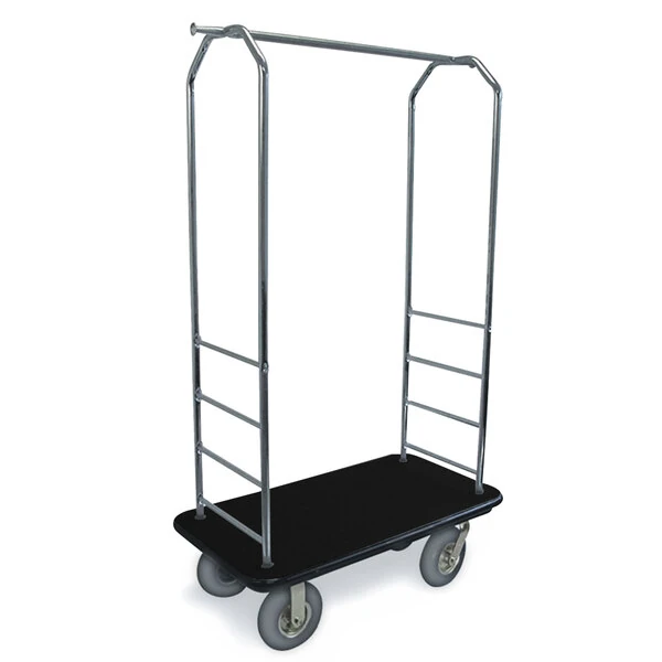CSL 2000BK-020 Chrome Finish Customizable Bellman's Cart with Rectangular Black Carpet Base, Black Bumper, Clothing Rail, and 8" Gray Pneumatic Casters - 43" x 23" x 72 1/2"