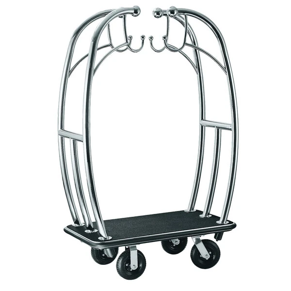 CSL 3699BK-010-BLK Angel Style Bellman's Cart with Black Carpet Base, Black Bumper, Clothing Rail, and 8" Black Pneumatic Casters - 48" x 24" x 72"
