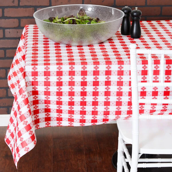 Intedge 25 Yard Roll 52" Wide Red Gingham Vinyl Table Cover with Flannel Back