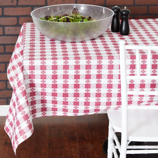 Intedge 25 Yard Roll 52" Wide Burgundy Gingham Vinyl Table Cover with Flannel Back