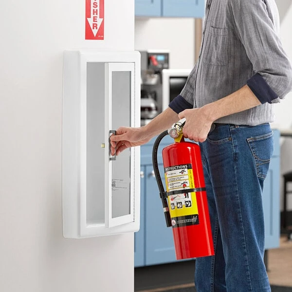 JL Industries 1017F10 Ambassador Series White Steel Cabinet for 10 lb. Fire Extinguishers with Full Window, 3" Trim, and Semi-Recessed 6" Depth