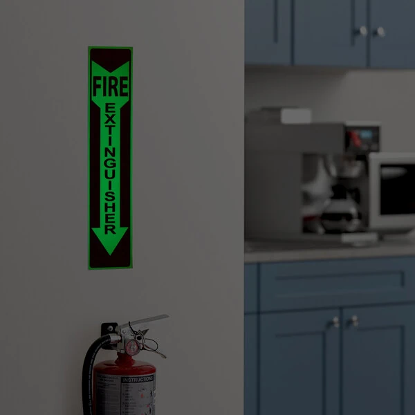Lavex 18" x 4" Red and White Adhesive Vinyl "Fire Extinguisher" Glow-in-the-Dark Safety Label with Down Arrow - 3/Case