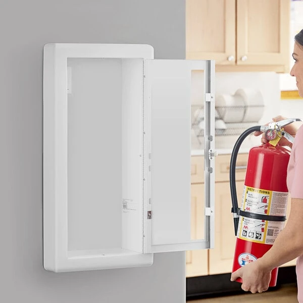 JL Industries 1017V10 Ambassador Series White Steel Cabinet for 10 lb. Fire Extinguishers with Vertical Window, 3" Trim, and Semi-Recessed 6" Depth