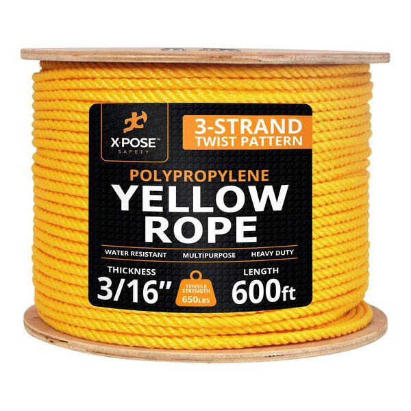 Xpose Safety 3/16" x 600' Yellow Twisted Polypropylene Rope YPR316-600-X
