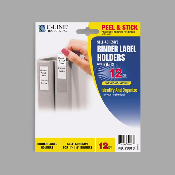 C-Line 70013 2 13/16" x 1" Clear Top Load Self-Adhesive Ring Binder Label Holder - 12/Pack