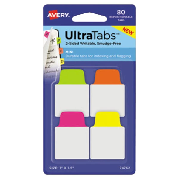 Avery® 74762 Ultra Tabs 1" x 1 1/2" Assorted Neon Color Repositionable Tab - 80/Pack