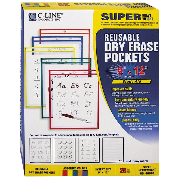 C-Line 40620 12" x 9" Assorted Primary Colors Reusable Dry Erase Pocket - 25/Box
