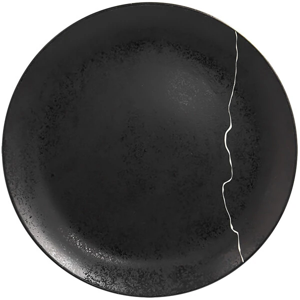 RAK Porcelain Kintzoo 12 3/16" Black Round Flat Coupe Porcelain Plate with Silver Detail - 6/Case