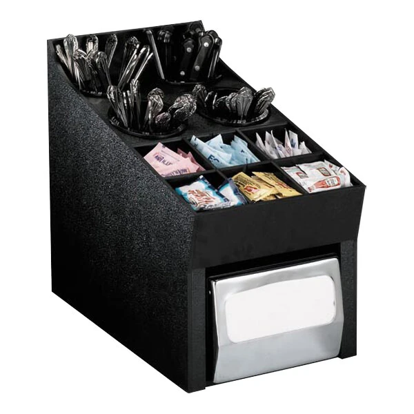 Dispense-Rite Black Polystyrene Countertop Flatware, Condiment, and Napkin Organizer NLO-SWNH