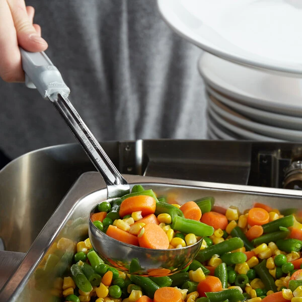 Vollrath 62170 4 oz. Gray Perforated Round Stainless Steel Spoodle® Portion Spoon with Grip 'N Serve® Handle