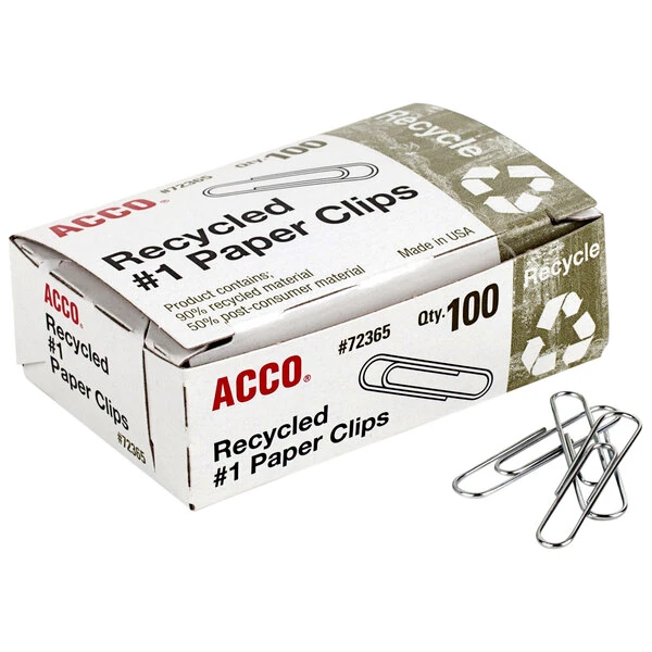 Acco 72365 Silver Smooth Finish 100 Count #1 Recycled Paper Clips - 10/Box