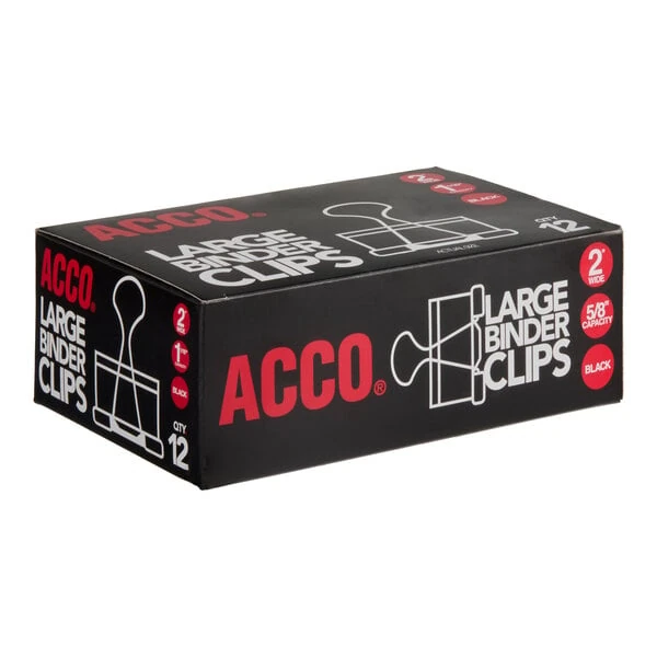 Acco 72100 1 1/16" Capacity Black Large Binder Clip - 12/Pack