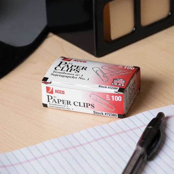 Acco 72380 Silver Smooth Finish 100 Count #1 Standard Paper Clips - 10/Box