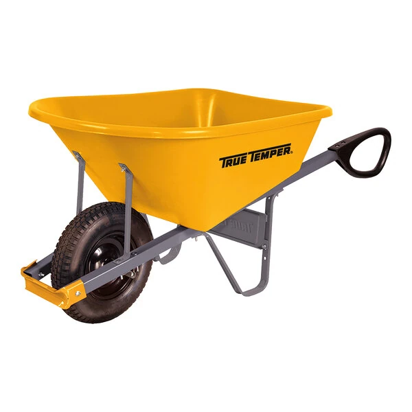True Temper 6 Cu. Ft. Yellow Poly Wheelbarrow with Total Control Handles and 16" Tubed Tire RP6TC14