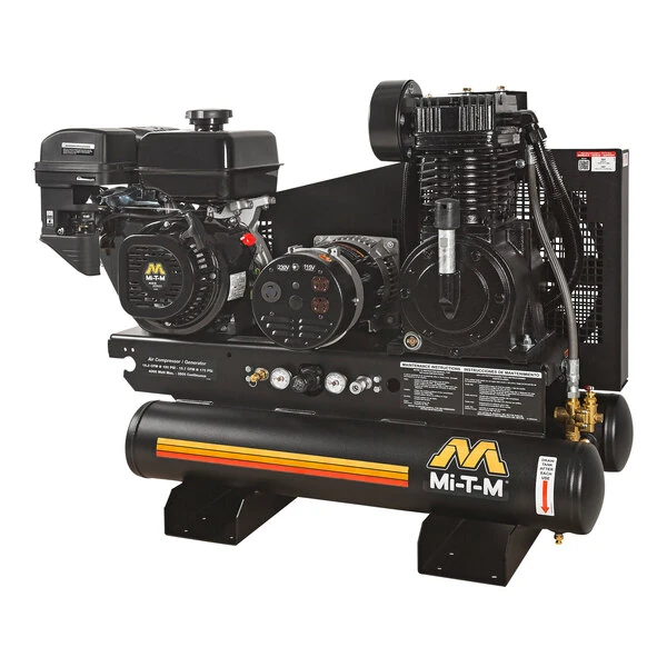 Mi-T-M 8 Gallon Carbon Steel Two-Stage Stationary Gas-Powered Horizontal Air Compressor / Generator AG2-SM14-08M1 - 14 hp, 2,300-4,000W