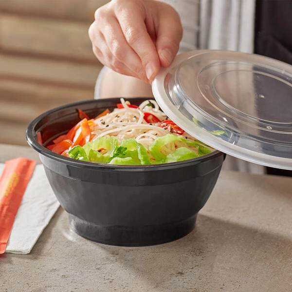 Choice 42 oz. Black Round Microwavable Heavy Weight Bowl with Lid - 25/Pack