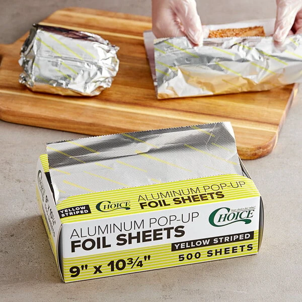 Choice 9" x 10 3/4" Yellow Striped Food Service Interfolded Pop-Up Foil Sheets - 3,000/Case