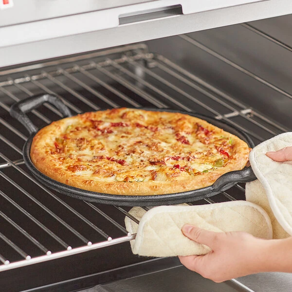 TableCraft CW30118 12 3/4" Pre-Seasoned Cast Iron Pizza Pan / Stone with Dual Handles