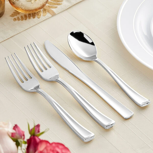 Visions Classic 4-Piece Extra Heavy Weight Silver Plastic Cutlery Set - 50/Pack