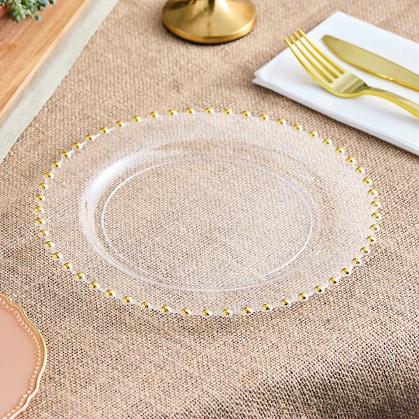 Visions Beaded 9" Clear Round Plastic Plate with Gold Beaded Rim - 120/Case