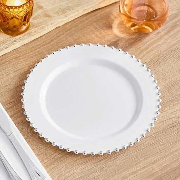 Visions Beaded 9" White Round Plastic Plate with Silver Beaded Rim - 120/Case