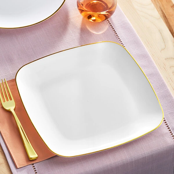 Visions Coupe Dynasty 10" White Square Plastic Plate with Gold Band - 120/Case