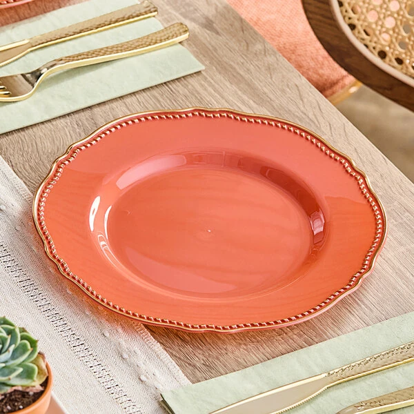 Visions Heirloom 9" Terra Cotta Round Plastic Plate with Gold Vintage Rim - 120/Case