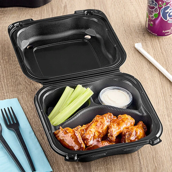 Genpak Clover 8" x 8" x 3" Microwavable 3-Compartment Black Plastic Hinged Container - 150/Case