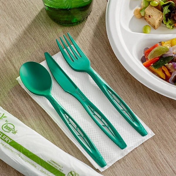 Stalk Market 6 1/2" Green No PFAS Added Compostable Heavy Weight Wrapped CPLA Cutlery Pack with Napkin - 250/Case