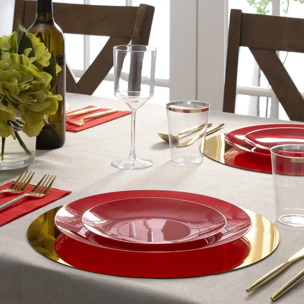 Posh Setting Organic 10 1/4" Red Round Plastic Plate with Gold Band - 120/Case