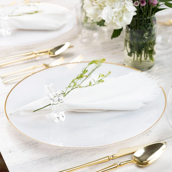 Posh Setting 13" Round Translucent White Plastic Hammered Charger Plate with Gold Coupe Rim - 48/Case