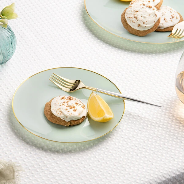 Posh Setting 7 1/2" Turquoise Round Plastic Coupe Plate with Gold Band - 120/Case