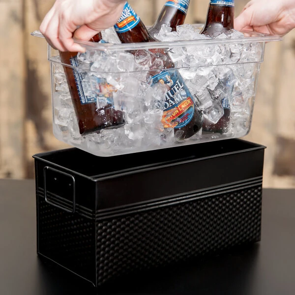 American Metalcraft 1/3 Size Black Rectangular Hammered Ice Display / Beverage Tub with Clear Food Pan - 6.75 Qt.