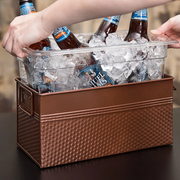 American Metalcraft 1/3 Size Copper-Plated Stainless Steel Rectangular Hammered Ice Display / Beverage Tub with Clear Food Pan - 6.75 Qt