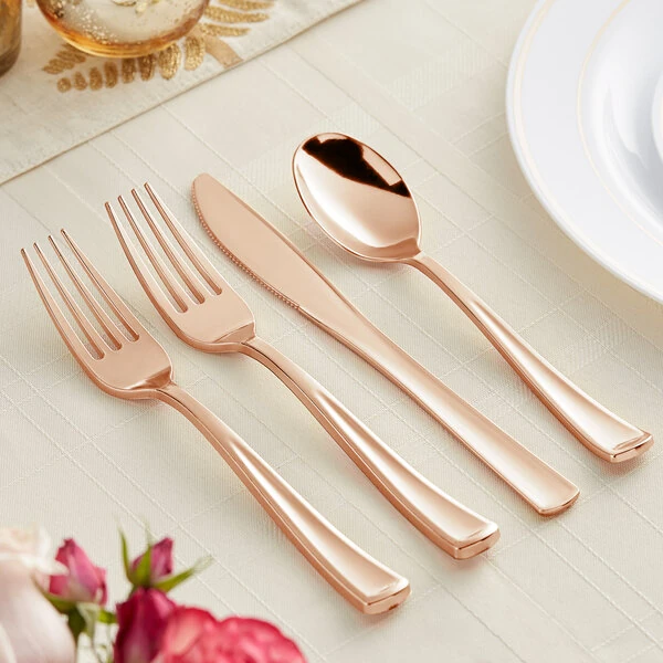 Visions Classic 4-Piece Heavy Weight Rose Gold Plastic Cutlery Set - 25/Pack