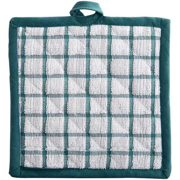 Oxford Kitchen Ensemble 7 1/2" x 7 1/2" White / Green Windowpane 100% Ringspun Cotton Pot Holder - 288/Case