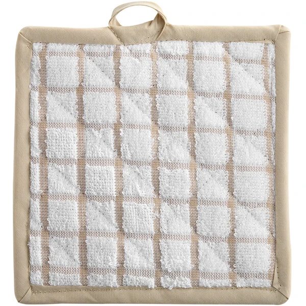 Oxford Kitchen Ensemble 7 1/2" x 7 1/2" White / Tan Windowpane 100% Ringspun Cotton Pot Holder - 288/Case