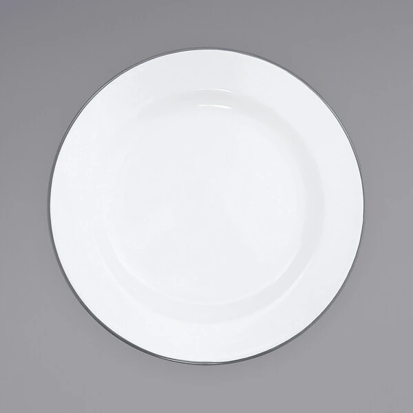Crow Canyon Home V20GRY Vintage 10 1/4" White Wide Rim Enamelware Footed Plate with Gray Rolled Rim