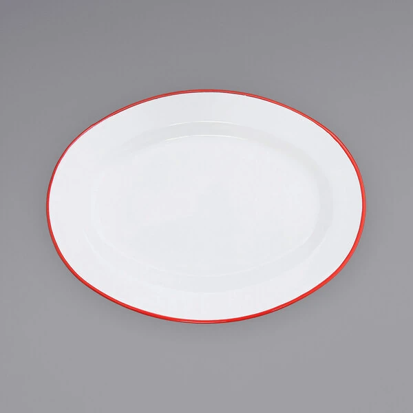 Crow Canyon Home V94RED Vintage 11 7/8" x 8 11/16" White Enamelware Oval Plate with Red Rolled Rim