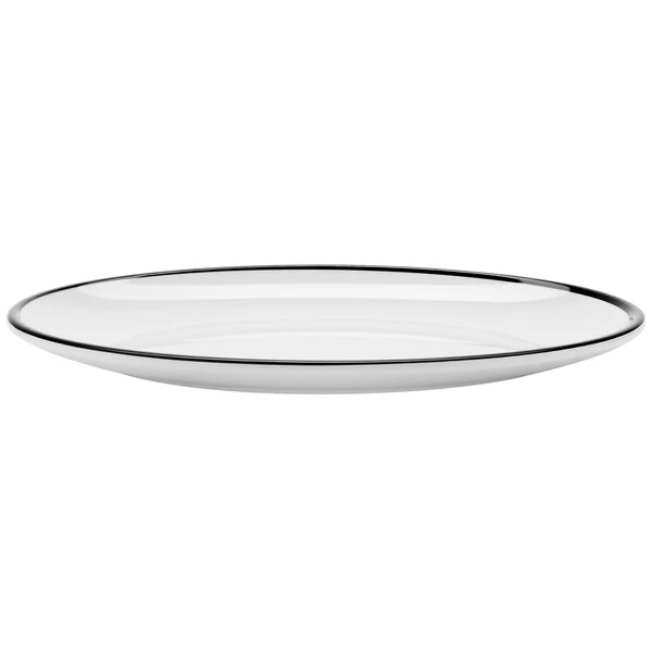 GET OP-960-W/BK Settlement Bistro 9" White with Black Trim Enamelware Oval Melamine Dinner Coupe Plate - 24/Case